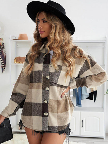 Plaid Button Up Dropped Shoulder Jacket for Women Stylish - Selvanelle