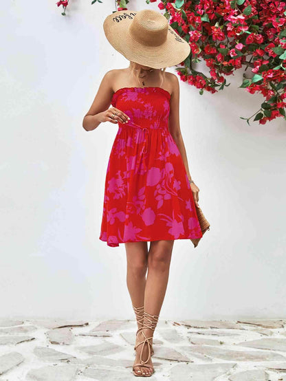 Floral Frill Trim Strapless Smocked Dress for Women - Selvanelle
