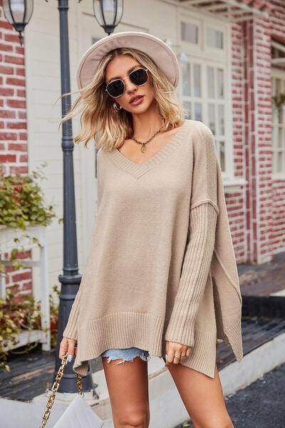 Slit V-Neck Dropped Shoulder Sweater for Effortless Style - Selvanelle