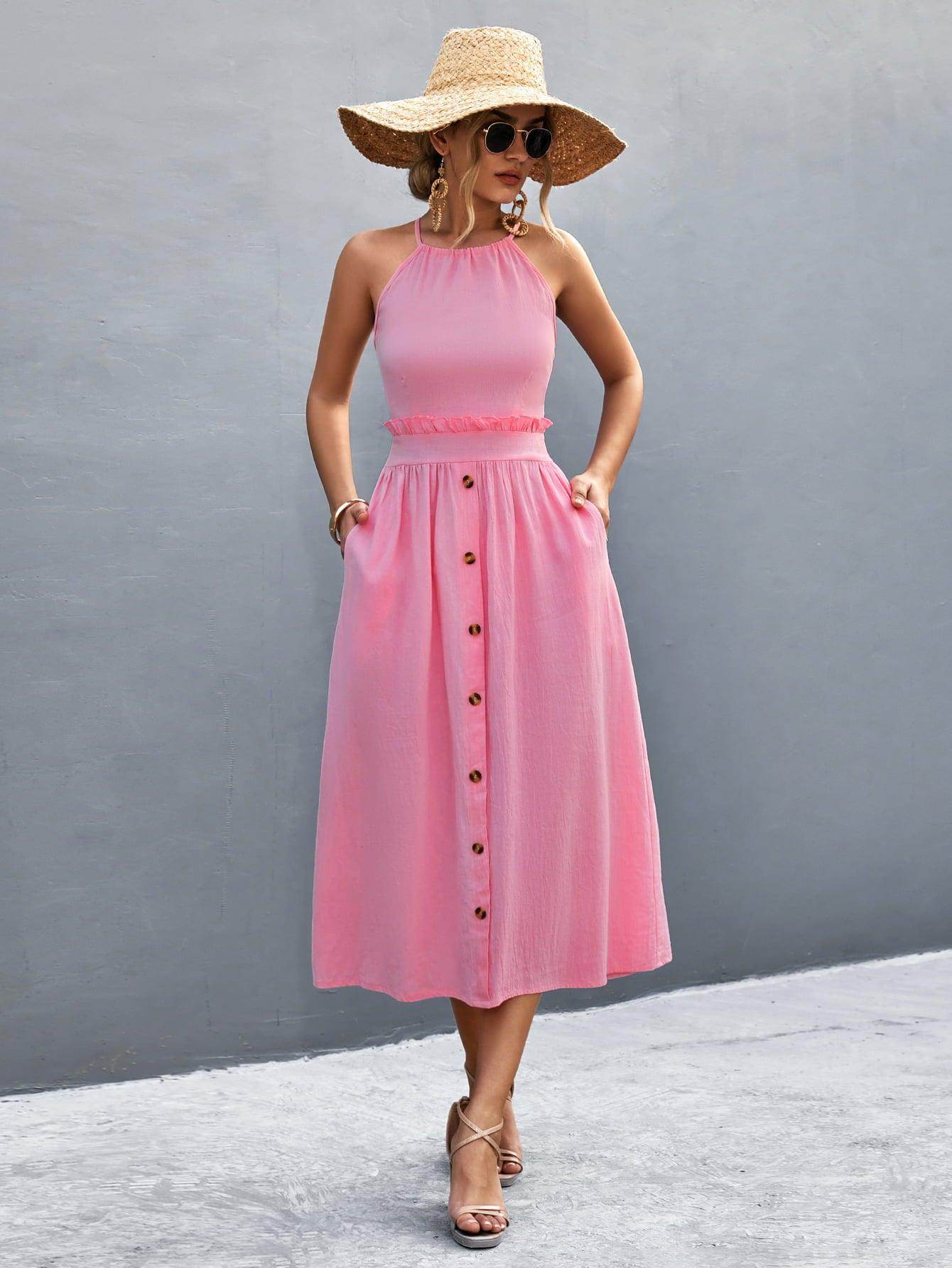 Buttoned Halter Neck Frill Trim Midi Dress for Chic Style - Selvanelle