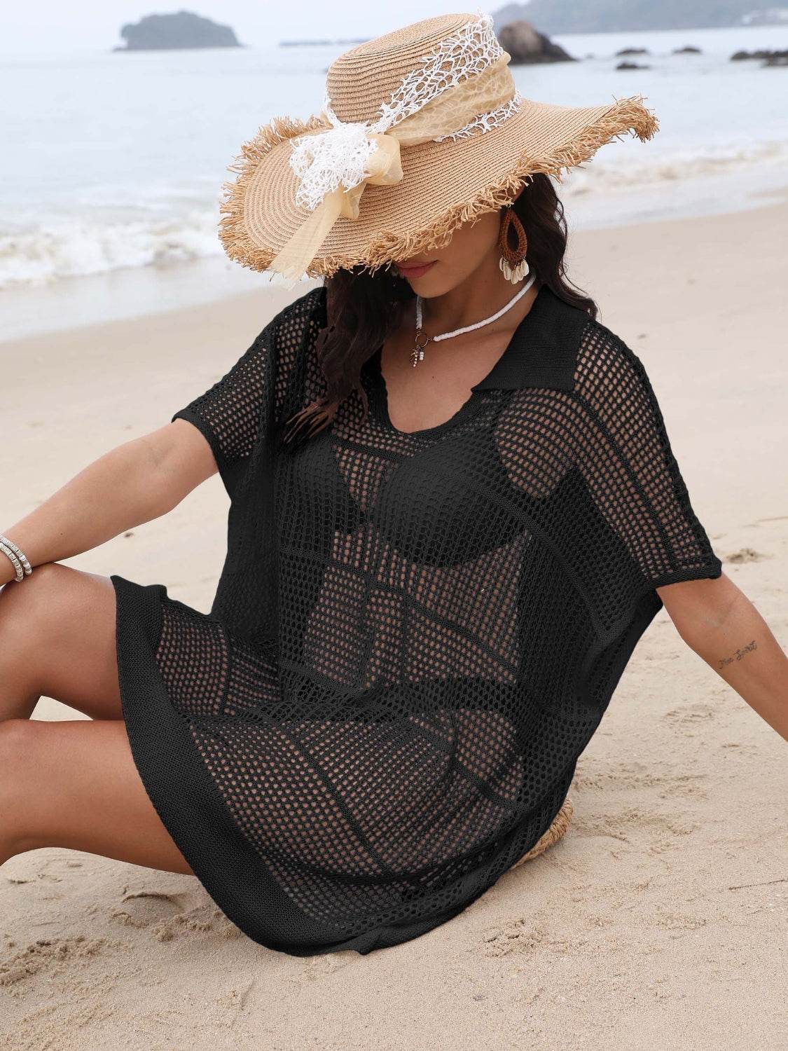 Hollow Out Collared Neck Cover-Up - Selvanelle