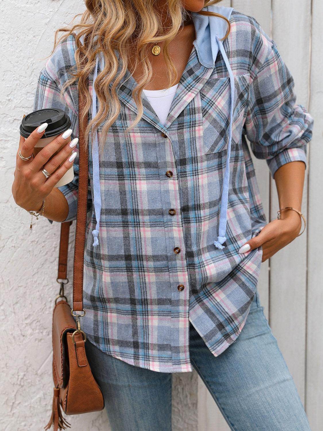 Plaid Long Sleeve Hooded Jacket for Women with Pockets - Selvanelle