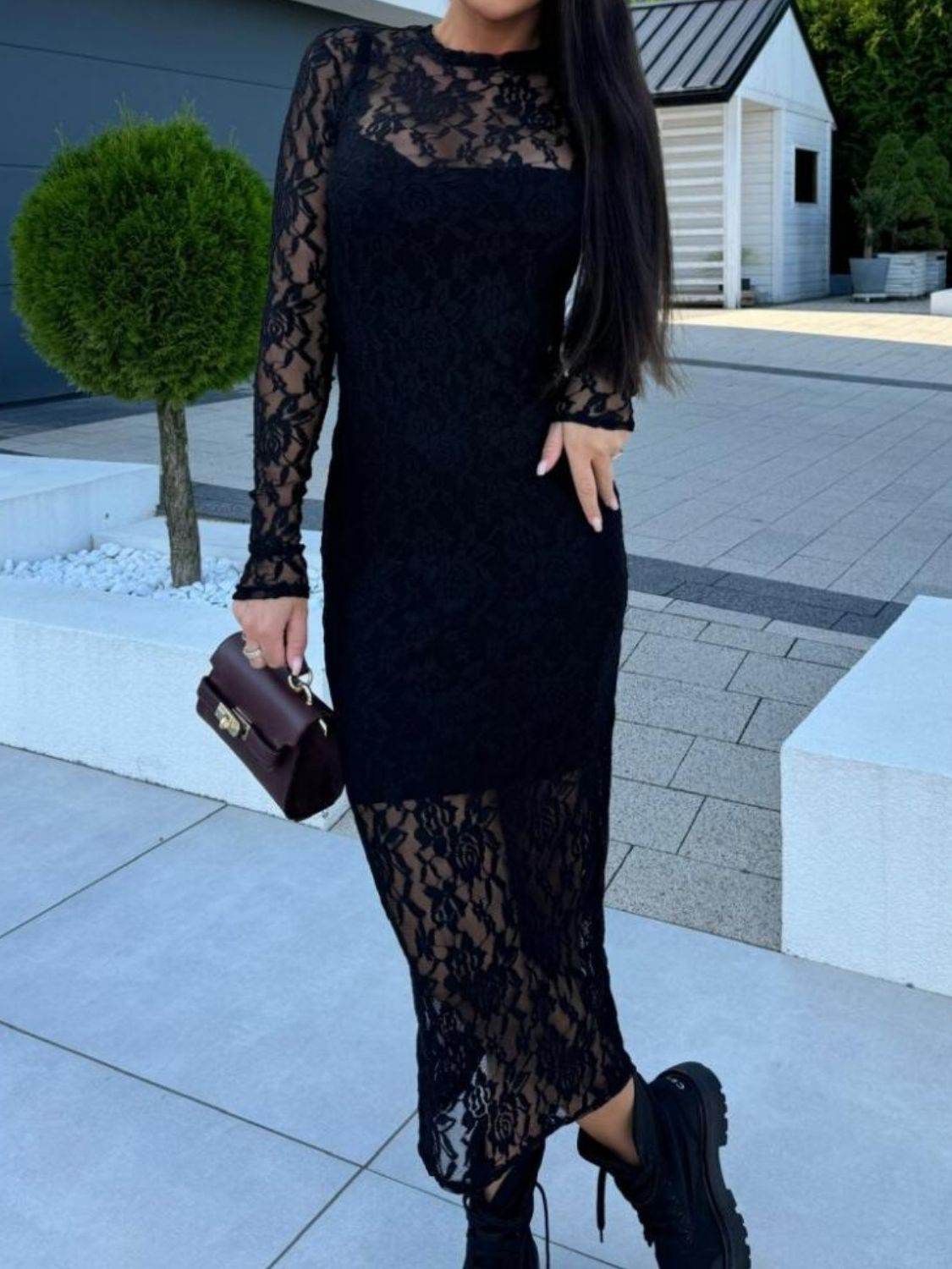 Lace Round Neck Long Sleeve Midi Dress - Selvanelle