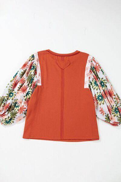 Printed Round Neck Balloon Sleeve Blouse for Women - Selvanelle