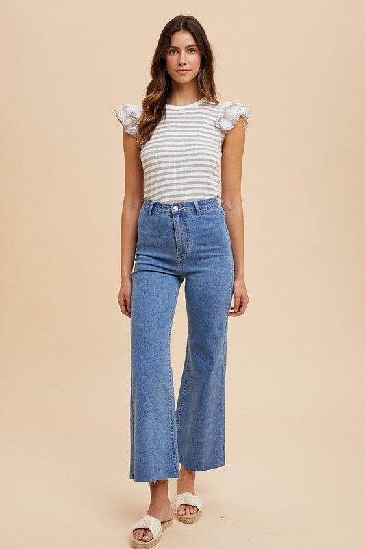 Annie Wear Ruffled Striped Round Neck Cap Sleeve Knit Top - Selvanelle