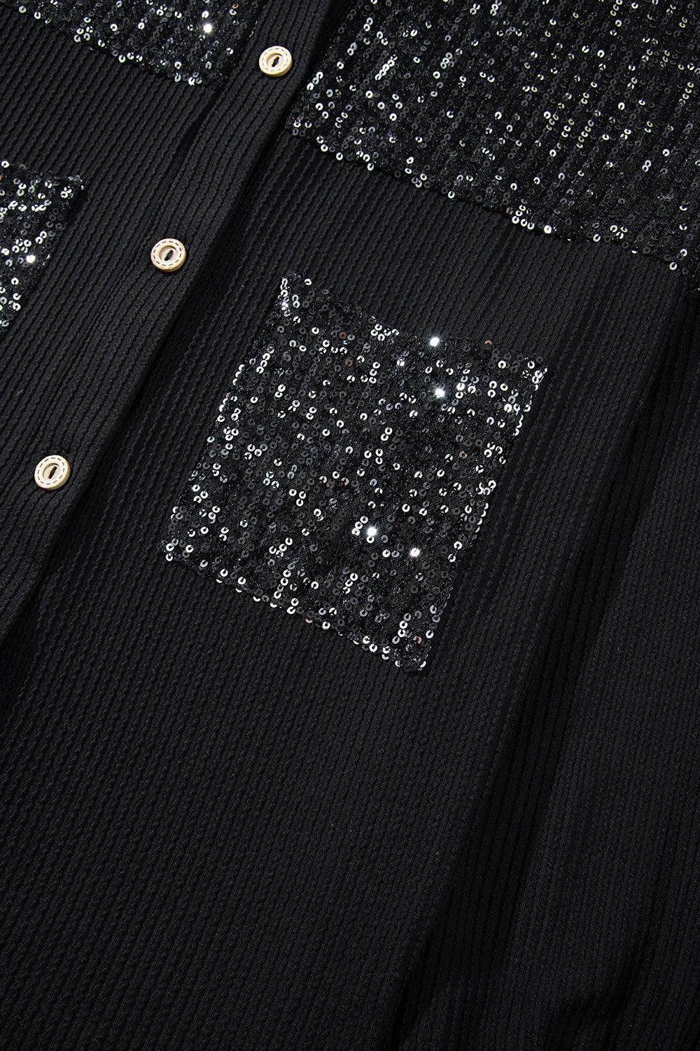 Sequin Button Up Dropped Shoulder Jacket for Women - Selvanelle