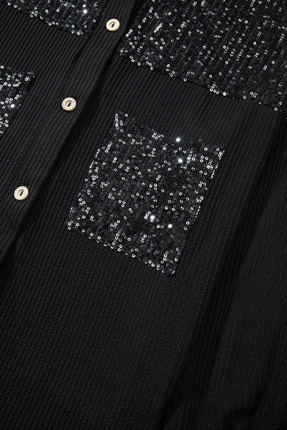 Sequin Button Up Dropped Shoulder Jacket for Women - Selvanelle