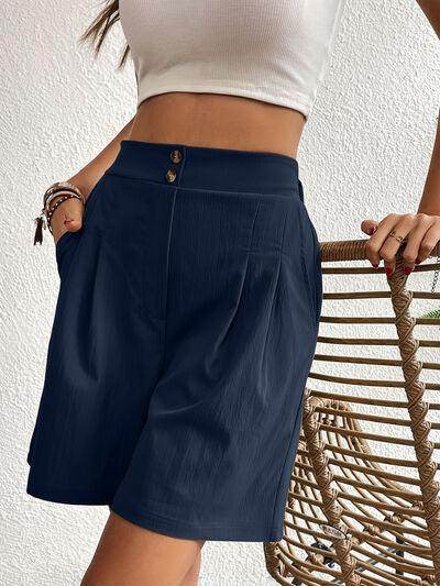Pocketed Half Elastic Waist Shorts with Side Pockets - Selvanelle