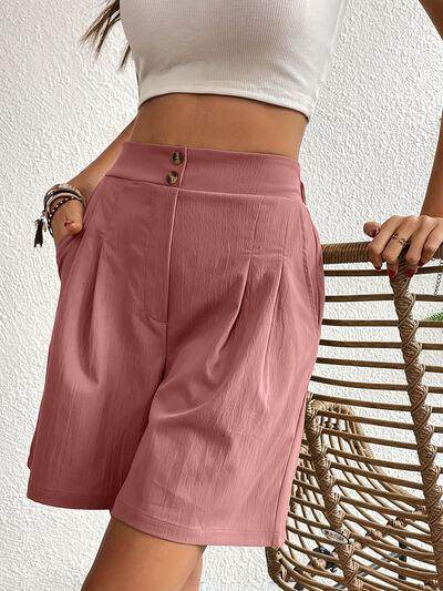 Pocketed Half Elastic Waist Shorts with Side Pockets - Selvanelle