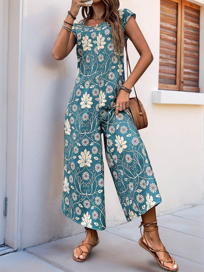 Perfee Printed Round Neck Cap Sleeve Wide Leg Jumpsuit - Selvanelle
