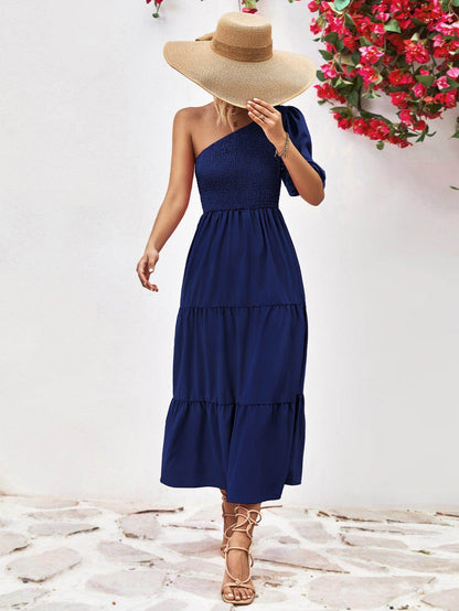 Chic Smocked One-Shoulder Midi Dress for Elegant Style - Selvanelle