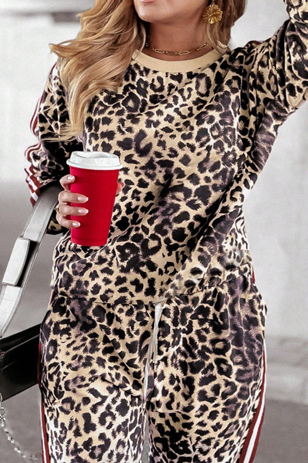 Plus Size Leopard Round Neck Top and Pants Set for Women