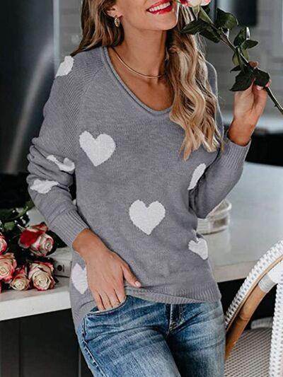 Heart Scoop Neck Long Sleeve Sweater for Women Cozy Style - Selvanelle