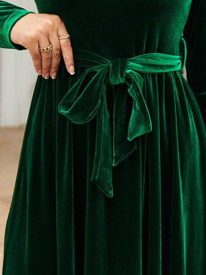 Tie Front Round Neck Long Sleeve Maxi Dress for Women - Selvanelle