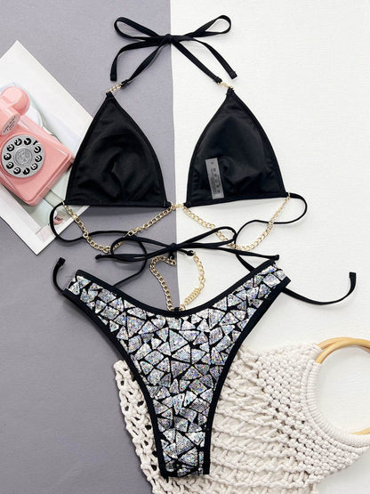 Sequin Halter Neck Two-Piece Bikini Set - Selvanelle