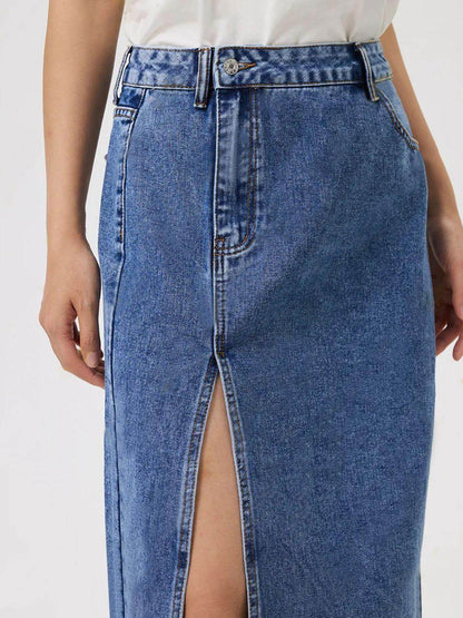 Slit Midi Denim Skirt with Pockets for Stylish Look - Selvanelle