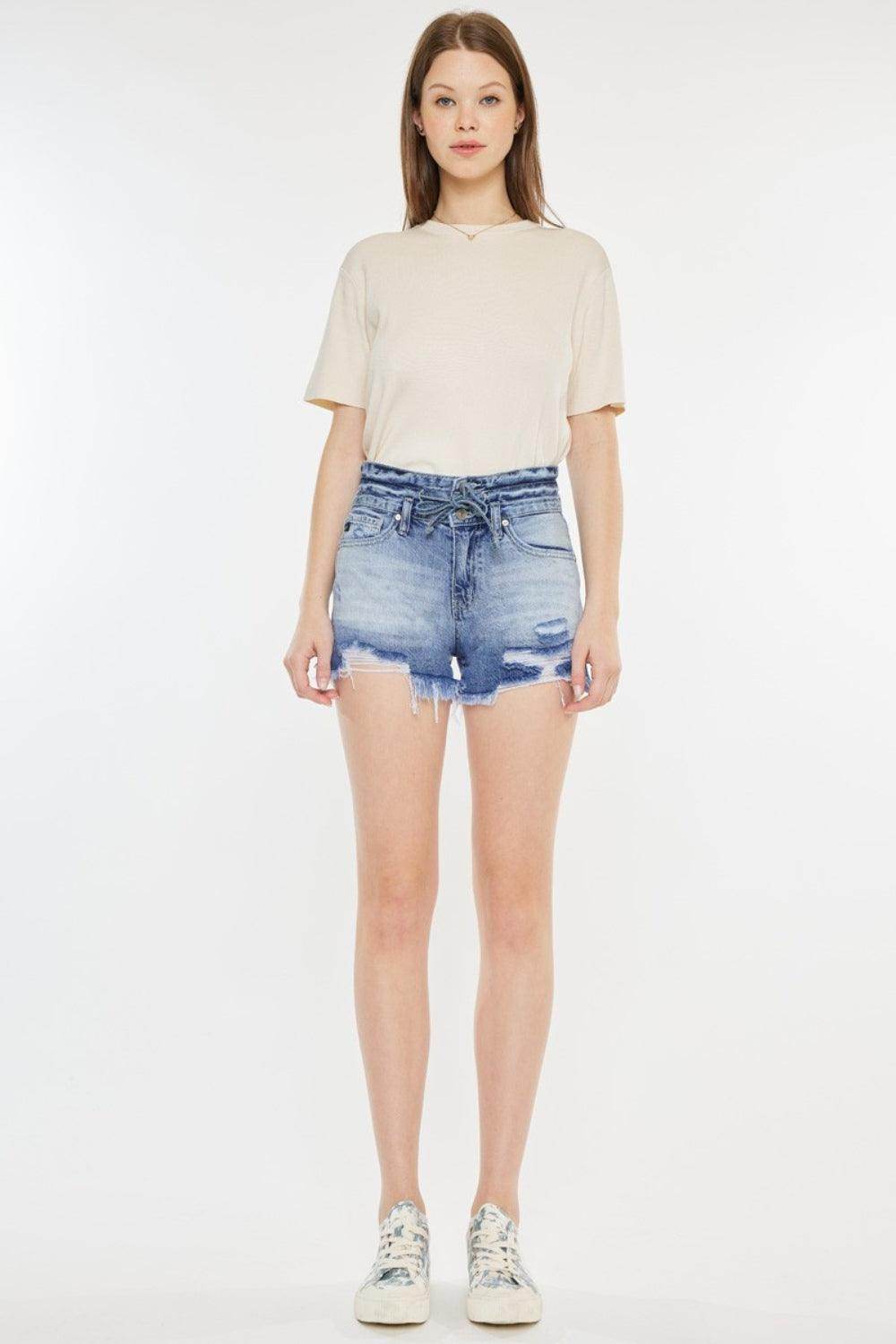 Kancan High Rise Frayed Hem Denim Shorts for Women - Selvanelle