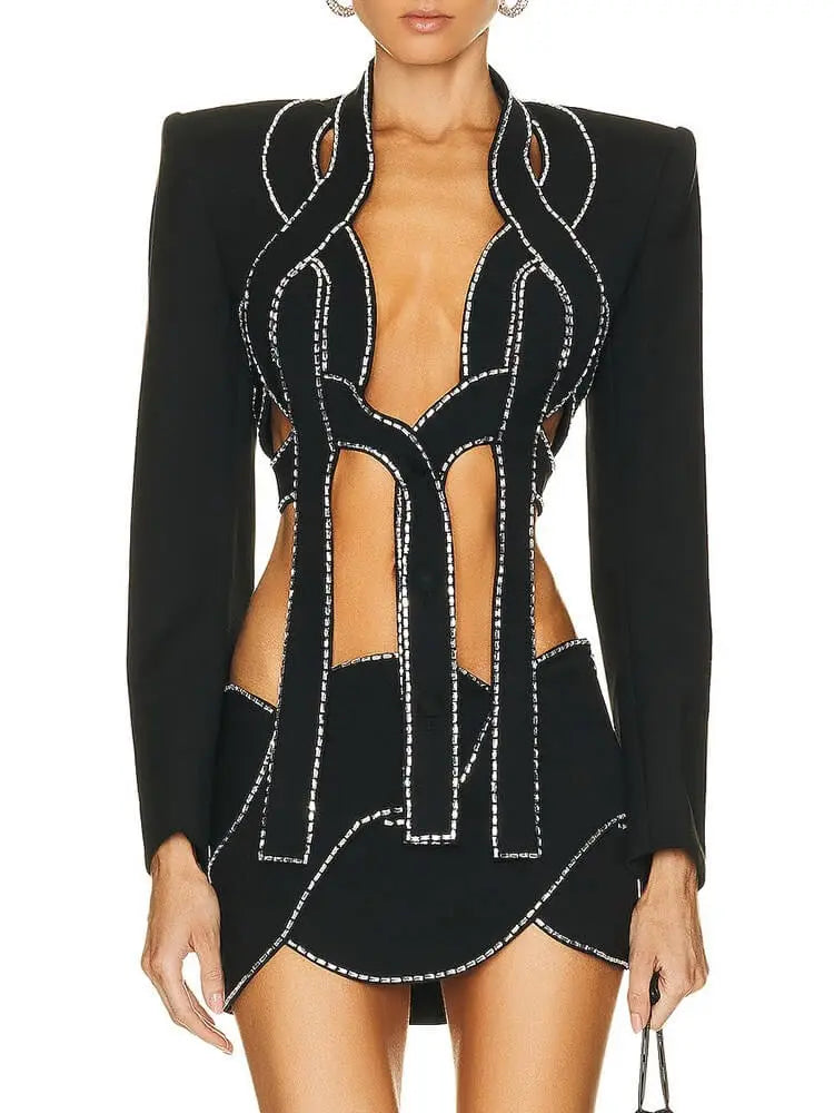 Girl’s Hollow Out Two-Piece Set – V-Neck Long Sleeve Top & High-Waist Embroidered Mini Skirt”