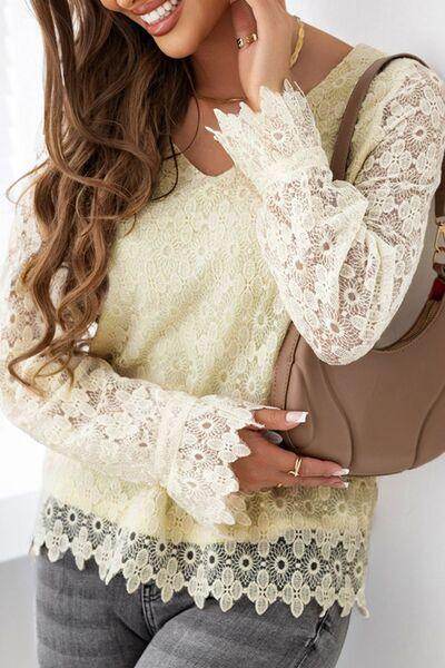 Lace Detail V-Neck Long Sleeve Blouse for Women Fashion - Selvanelle