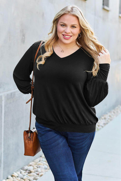 Basic Bae Full Size V-Neck Lantern Sleeve Top for Women - Selvanelle
