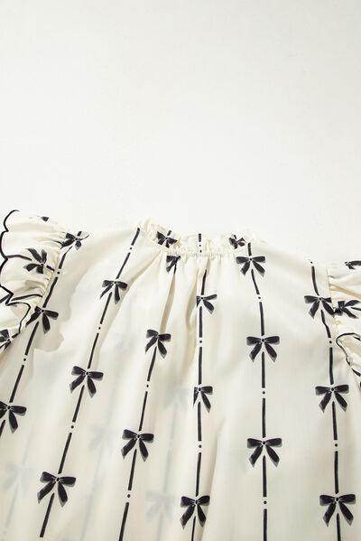 Bow Print Tie Neck Short Sleeve Blouse for Women - Selvanelle