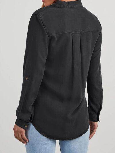 Collared Neck Roll-Tab Sleeve Denim Top for Women - Selvanelle