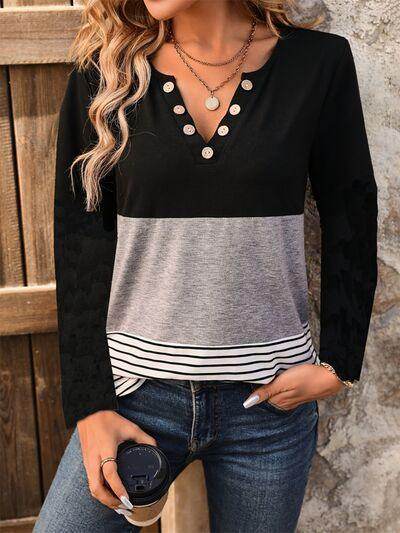 Notched Long Sleeve T-Shirt with Decorative Button Detail - Selvanelle