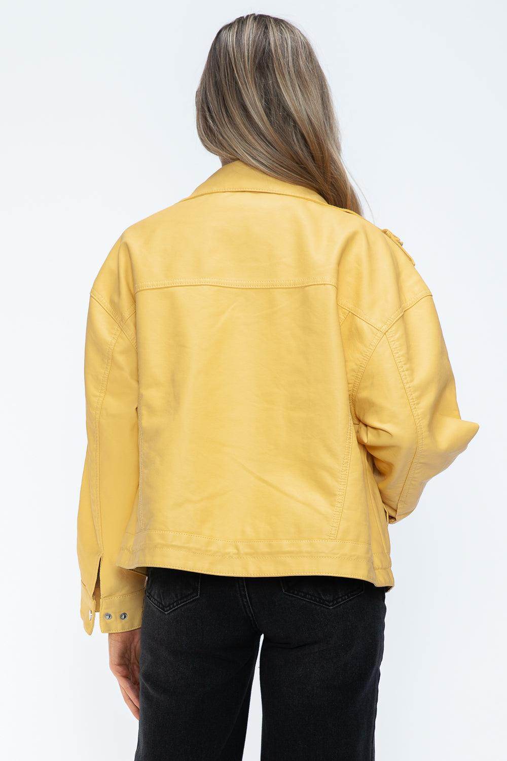 How Dare U Drawstring Hem PU Leather Zip Up Jacket for Women - Selvanelle