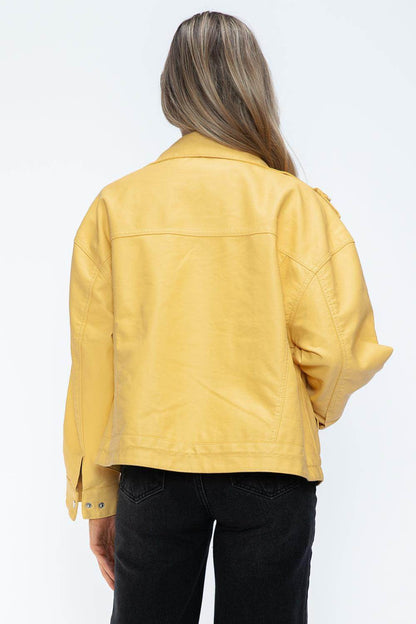 How Dare U Drawstring Hem PU Leather Zip Up Jacket for Women - Selvanelle