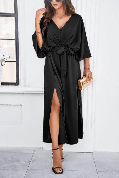 Devine Slit Tied V-Neck Three-Quarter Sleeve Dress for Women - Selvanelle