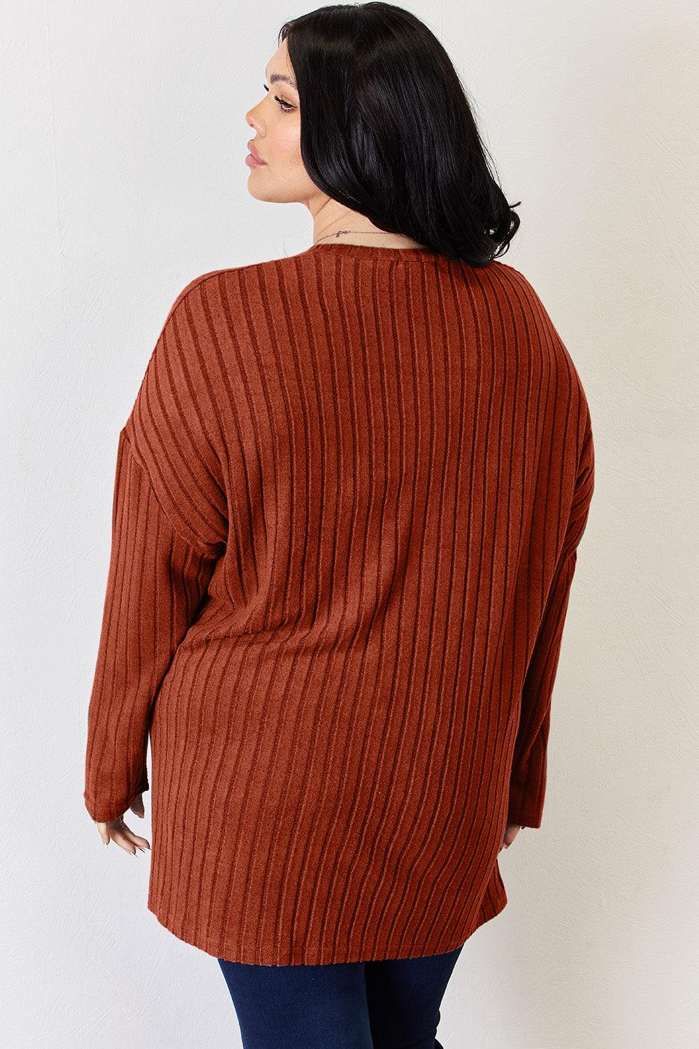 Basic Bae Full Size Ribbed Half Button Long Sleeve T-Shirt