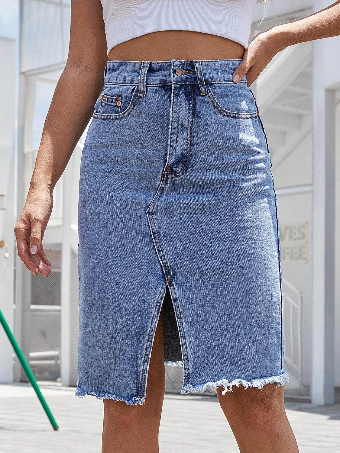 Raw Hem Slit Denim Skirt for Trendy Casual Wear - Selvanelle