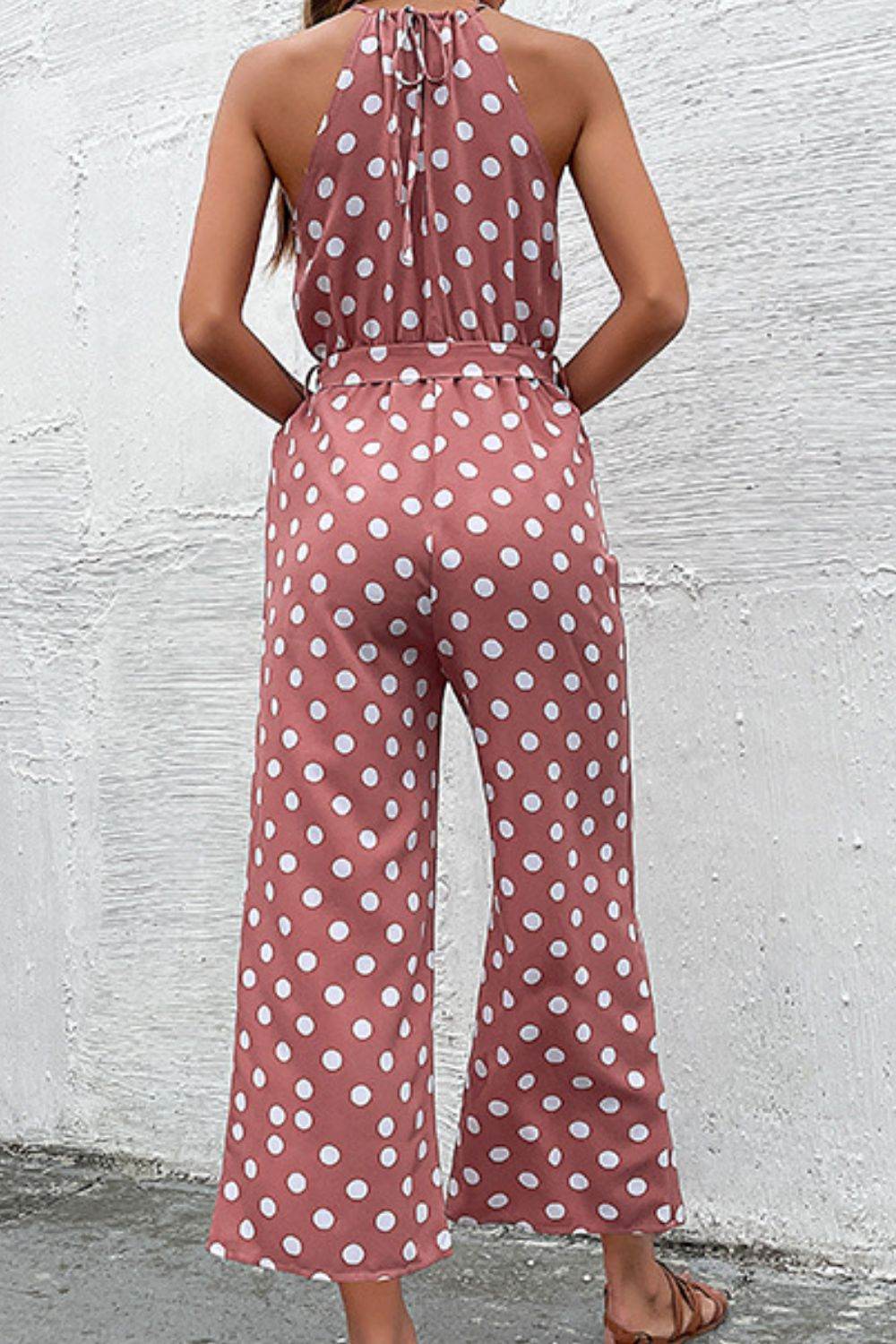 Perfee Polka Dot Grecian Wide Leg Jumpsuit - Selvanelle
