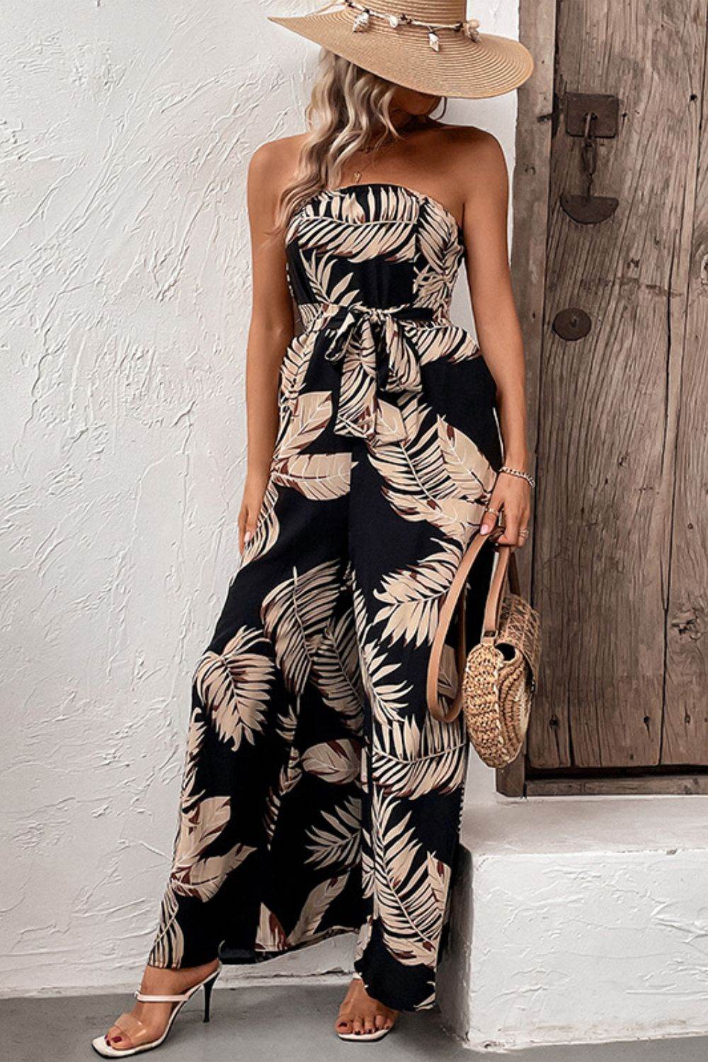 Perfee Printed Strapless Wide Leg Jumpsuit with Pockets - Selvanelle