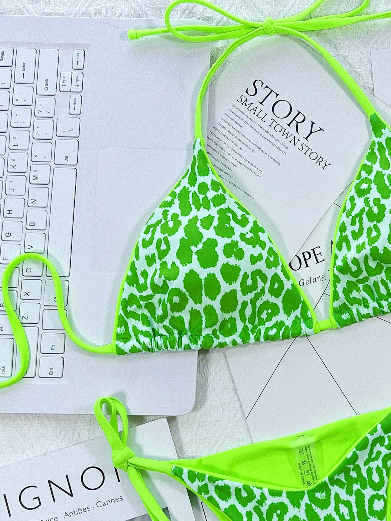 Leopard Print Halter Neck Tie Side Bikini Set - Selvanelle