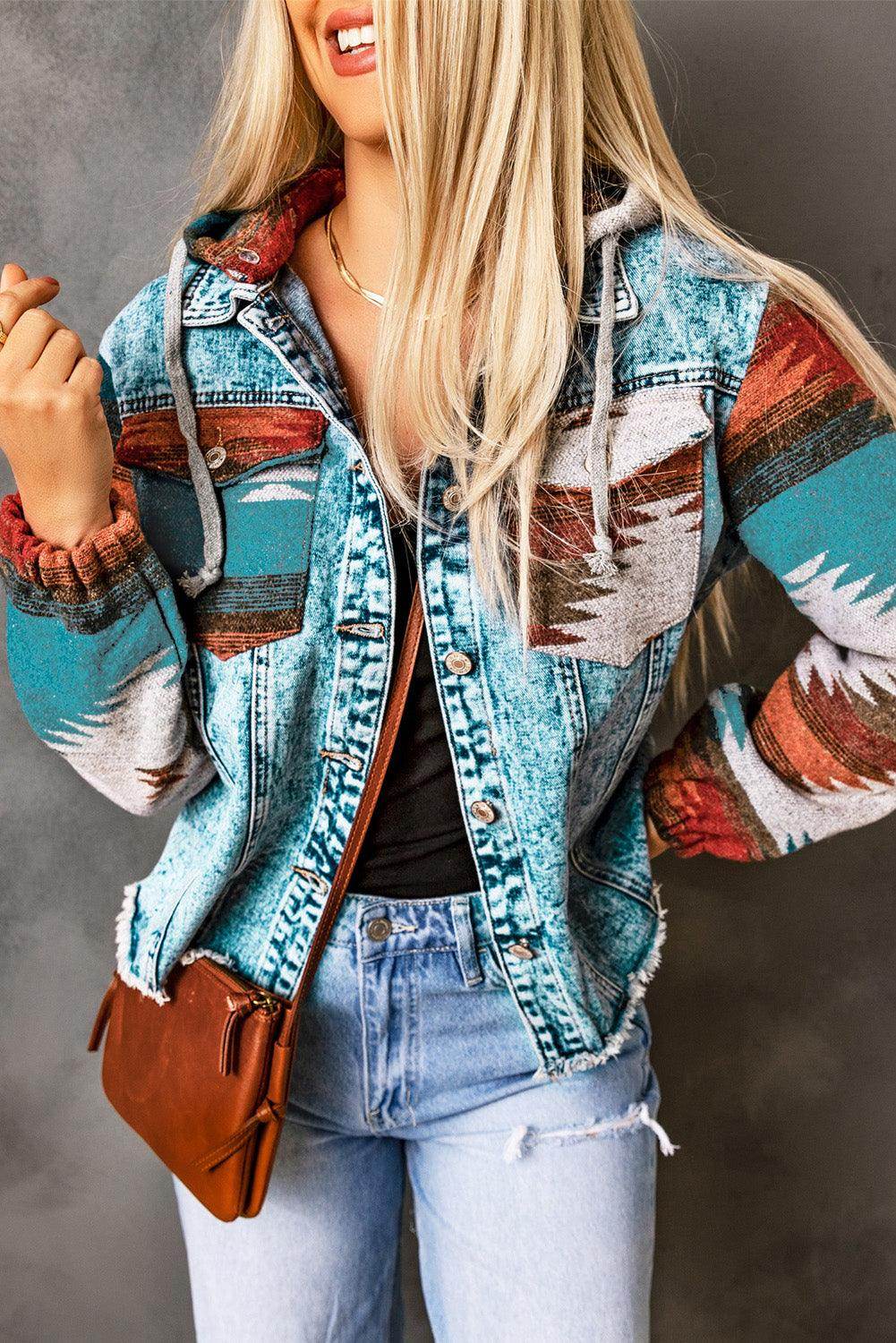 Drawstring Hooded Pocketed Denim Jacket for Women - Selvanelle
