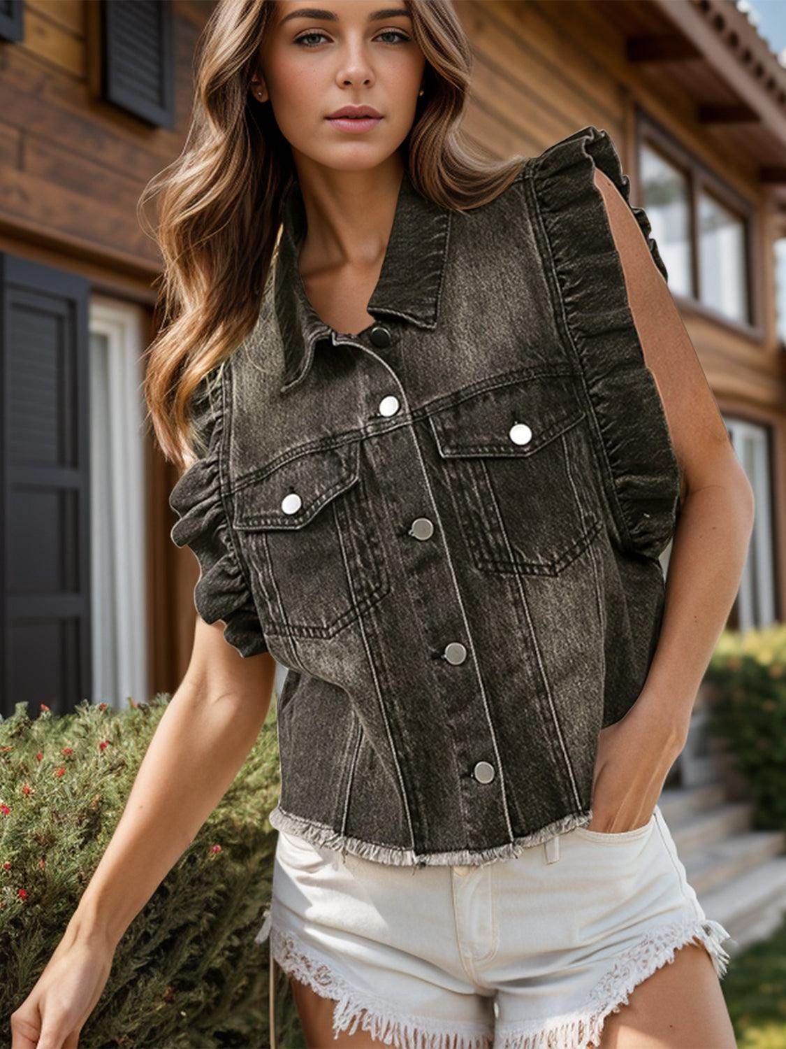 Raw Hem Ruffled Cap Sleeve Denim Jacket for Women - Selvanelle