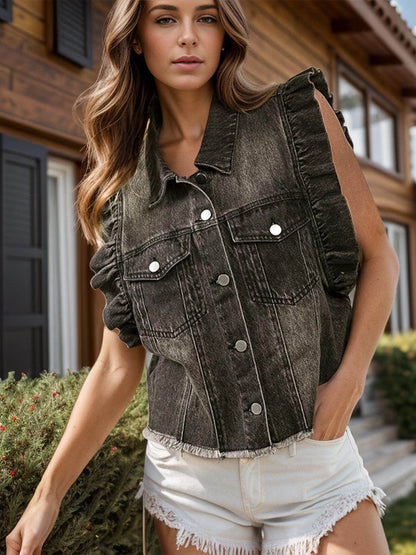 Raw Hem Ruffled Cap Sleeve Denim Jacket for Women - Selvanelle