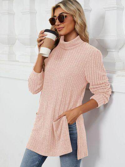 Slit Mock Neck Long Sleeve T-Shirt for Women with Pocket - Selvanelle