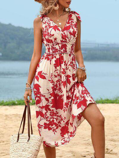 Perfee Smocked Printed Surplice Midi Dress for Women - Selvanelle