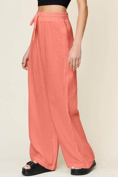 Double Take Full Size Texture Drawstring Wide Leg Pants - Selvanelle