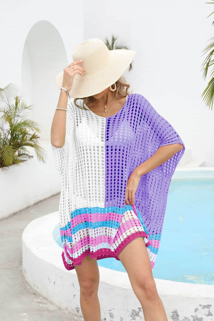 Contrast Scoop Neck Openwork Half Sleeve Cover Up - Selvanelle