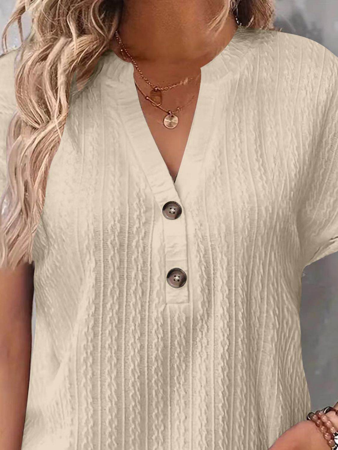 Textured Notched Short Sleeve Top - Selvanelle