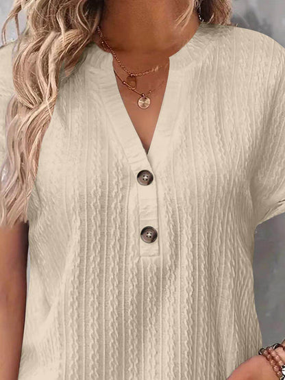 Textured Notched Short Sleeve Top - Selvanelle