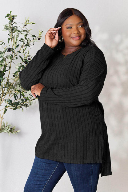 Basic Bae Full Size Ribbed Round Neck Long Sleeve Slit Top - Selvanelle