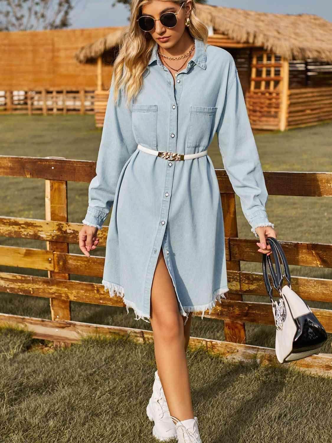 Button Up Collared Neck Raw Hem Denim Dress for Women - Selvanelle