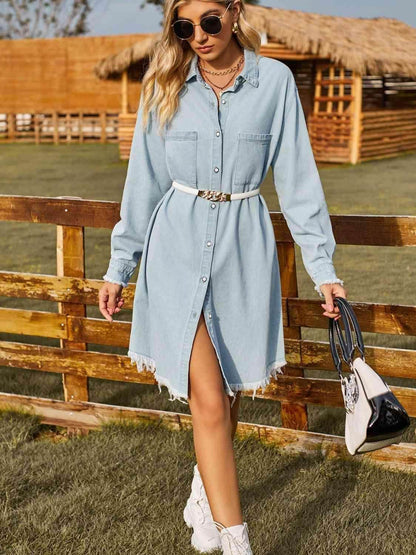 Button Up Collared Neck Raw Hem Denim Dress for Women - Selvanelle
