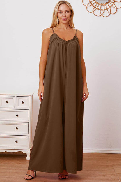 Double Take Full Size Ruffle Trim Tie Back Cami Jumpsuit - Selvanelle