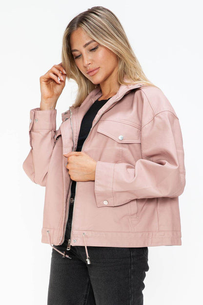 How Dare U Drawstring Hem PU Leather Zip Up Jacket for Women - Selvanelle