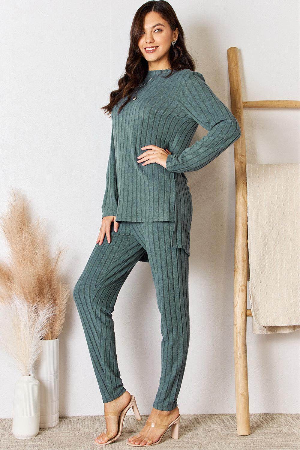 Basic Bae Full Size Ribbed Round Neck High-Low Slit Top Set - Selvanelle